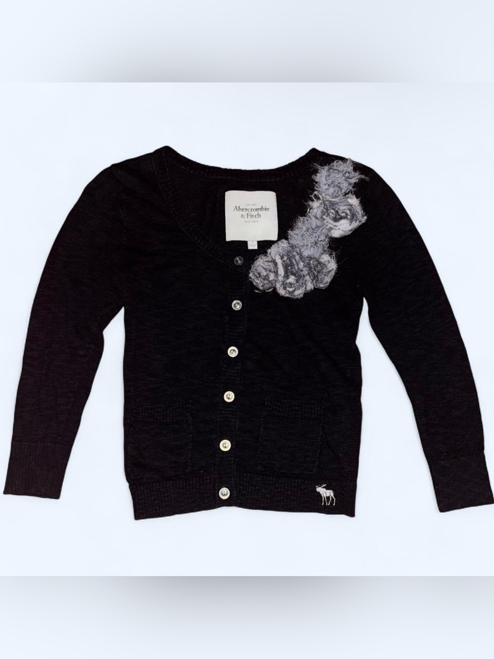 Abercrombie & Fitch Black Button Cardigan with Gray Floral Detail